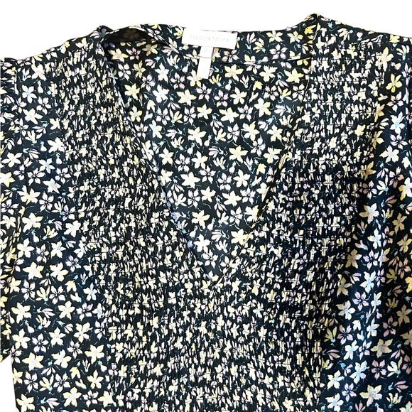 Rebecca Taylor Black Floral Mini Dress V Neck 100% Silk Lined Size 2 Yellow Pink - Picture 3 of 10